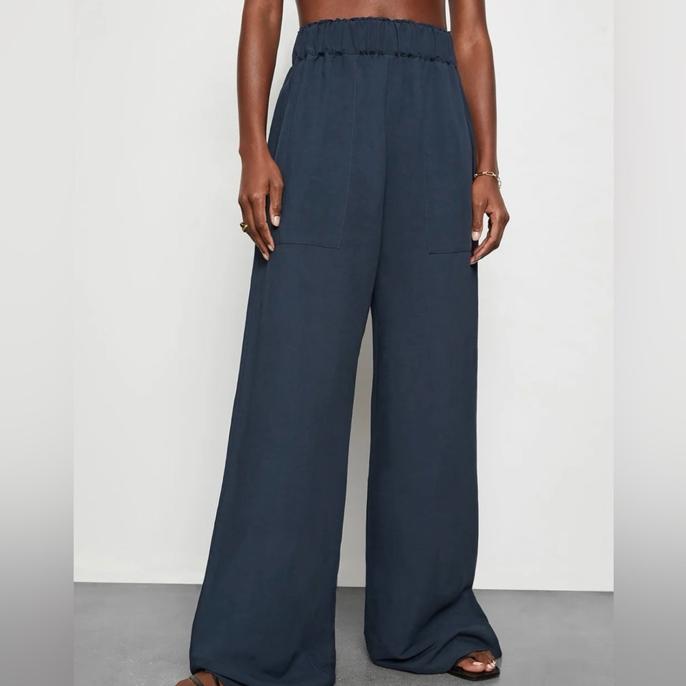 G. Label by Goop Seaside Wide Leg Viscose Linen Navy Office Wedding Resort Pant - Picture 5 of 16